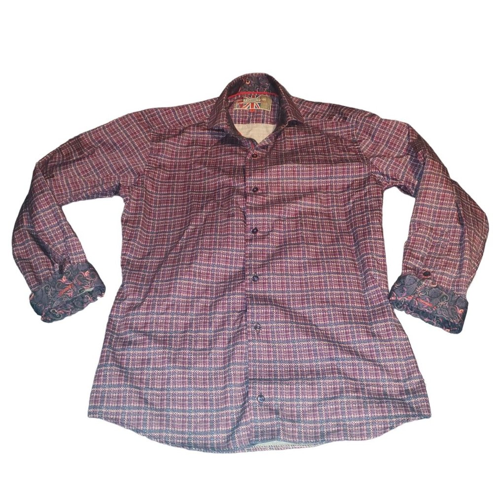 7 Downie St Shirt Mens Sz S (3) Purple Plaid Button Up Cotton Flip Cuff Shirt